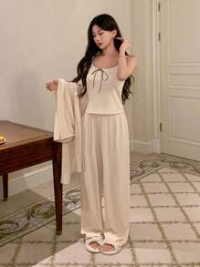 DAZY 3pcs/Set Wave Trim Decor Bowknot Camisole Top & Straight Hem Pants & Open Front Top Lounge Set, Cozy Outfits, Fall Winter Clothes - Beige - View 5