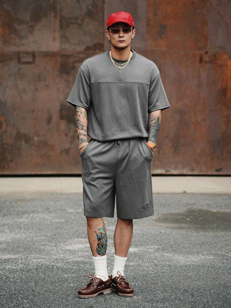 Summer Men's Gray Textured Fabric Split Design T-Shirt Set