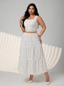 SHEIN ICON Plus Size Square Neck Button Front Ditsy Floral Vest Top And Flared Hem Floral Skirt 2 Pieces Set, Summer - Multicolor - View 5