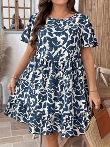 SHEIN LUNE Plus Size Summer Casual Allover Print Round Neck Ruffle Hem Dress Graduation Outfit,Sun Dresses For Women - Blue and White - View 4