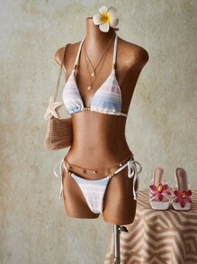SHEIN ICON Bộ bikini gợi cảm kẻ sọc buộc dây đi biển mùa hè cho nữ - Nhiều màu - Xem 3