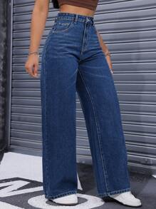 SHEIN PETITE 女士高腰口袋阔腿宽松休闲牛仔裤 - 深色水洗藍 - 查看 6