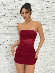SHEIN EZwear Váy ngắn Bandeau nhún bèo gợi cảm mùa hè cho nữ - Màu Đỏ Sâu - Xem 4