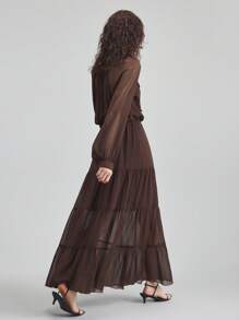 Ontre Vestido primavera/verano de unicolor con cuello anudado, mangas farol y bajo escalonado semitraslúcido, en estilo casual de campo/oficina para citas, de la nueva moda de transición de otoño 2025