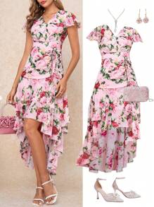 Ellevyn 女式 V 领裹身荷叶边袖花卉印花雪纺褶皱 A 字高低连衣裙，优雅日常浪漫春夏长裙 - 彩色 - 查看 1