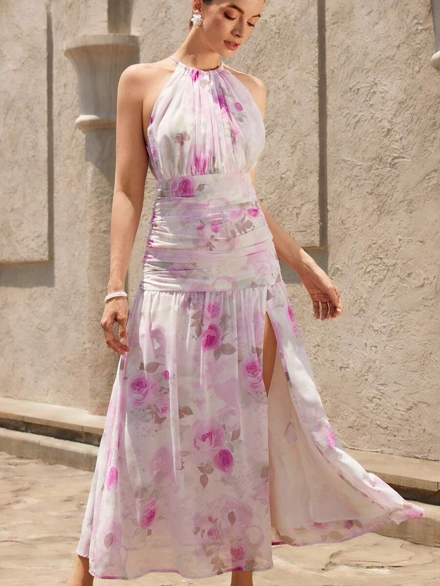 SHEIN Unity Vacation Versatile Romantic Elegant Floral Print Ruched Asymmetric Hem Sleeveless Dress - Purple - View 1