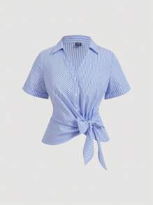 SHEIN MOD Plus Size Women Blue & White Polo Collar Side Tie Waist Short Sleeve Blouse,Bowknot At The Side, Short Striped Top, Asymmetrical Hem