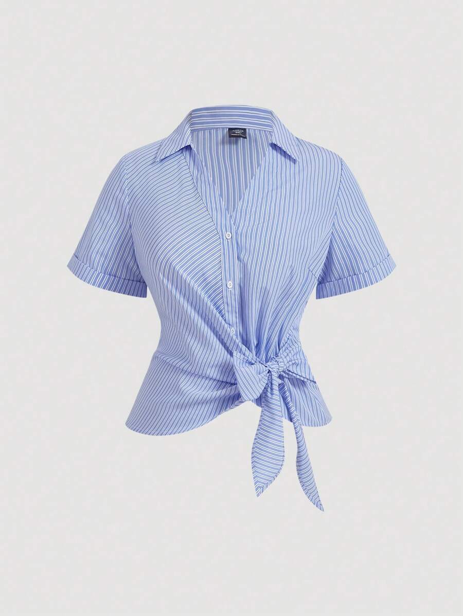 SHEIN MOD Plus Size Women Blue & White Polo Collar Side Tie Waist Short Sleeve Blouse,Bowknot At The Side, Short Striped Top, Asymmetrical Hem