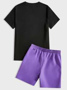 Manfinity Homme 男士夏季休闲圆领短袖字母印花T恤和紫色抽绳腰短裤套装