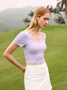 Summer Minimalist Solid Color Round Neck Short Sleeve Slim Fit Active T-Shirt - Baby Blue - View 4