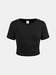 SHEIN Conjunto informal de niña preadolescente con camiseta de cuello redondo de manga corta en unicolor y pantalones anchos con estampado de leopardo