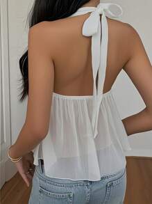 INAWLY Solva Women's Summer Casual Solid Color Chiffon Backless Halter Tank Top, Going Out - White - View 2
