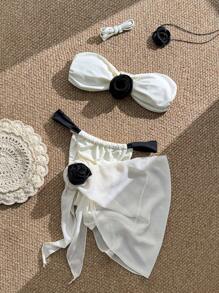 SHEIN Swim 2025 Noul top tankini alb-negru, detașabil, cu gât, cu design floral 3D și pantaloni de bikini de culoare contrastantă alb-negru și fustă de baie cu design floral din șifon alb, costum de baie 3 piese pentru damă, stil INS elegant - Alb-negru - Vizualizare 2