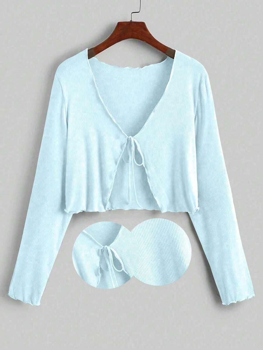 Calvaya Áo kiểu nữ cỡ lớn, gợi cảm, nhẹ, thắt nơ phía trước, tay dài, màu xanh dương, đa năng cho mùa xuân, hè, thu và kỳ nghỉ. - Màu xanh nhạt - Xem 1