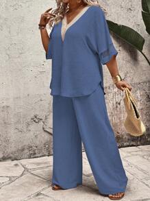 EMERY ROSE Sommer Damen Einfarbiges Guipure-Spitzen-Netzärmel-Oberteil und Hose Zweiteiliges Set