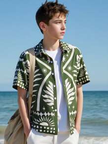 Camisa de manga corta con botones y estampado geométrico para niño adolescente