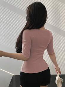 Joudiya 女士性感修身深V领不对称扭结露脐短袖T恤，夏季外出上衣 - 粉色 - 查看 5