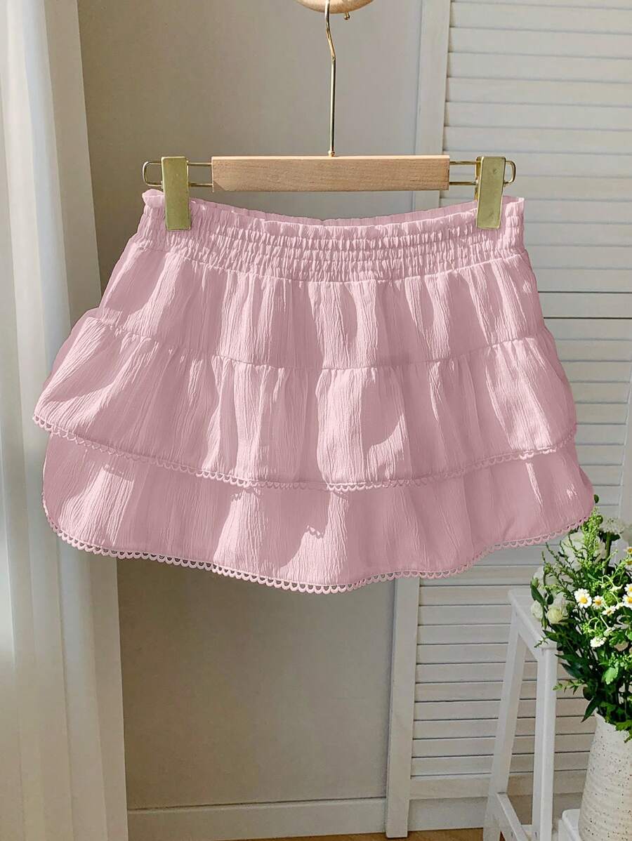 Comfortcana Regular Pink Woven Patchwork Hem Versatile Women Mid-Length Skirt Skirts For Women Summer - Pink - View 1