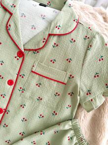 SHEIN 樱桃印花时尚荷叶边领泡泡褶皱女童睡衣套装 - 綠色 - 查看 4