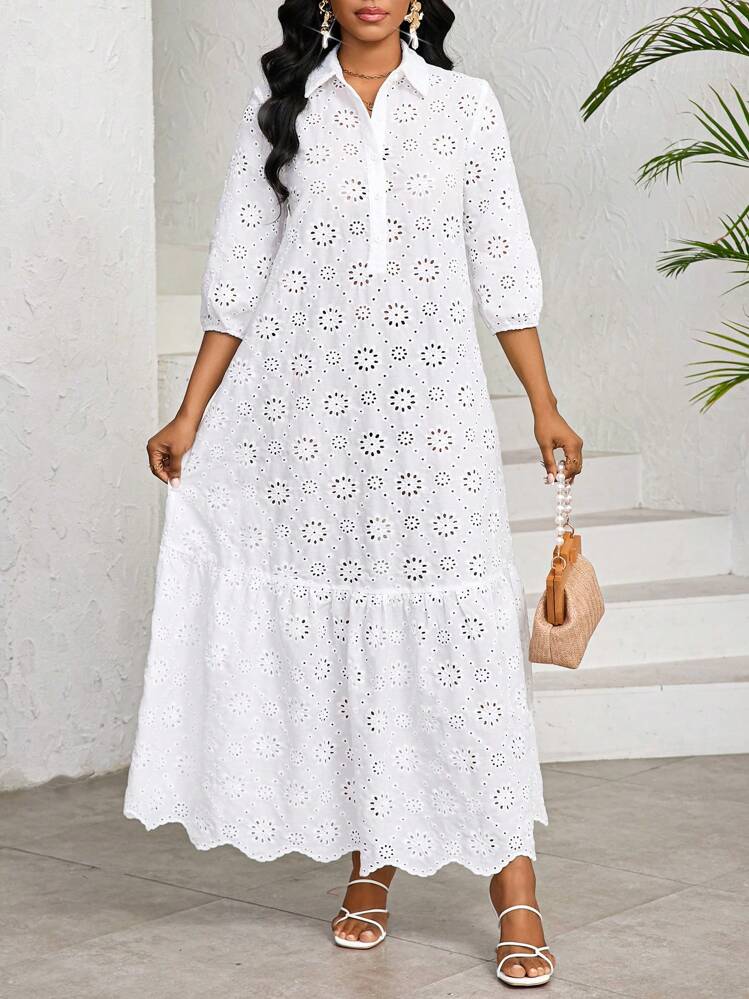 SHEIN Lady Vestido largo de mujer de unicolor con bordado de ojetes, de moda para el verano - Blanco - Añade 7