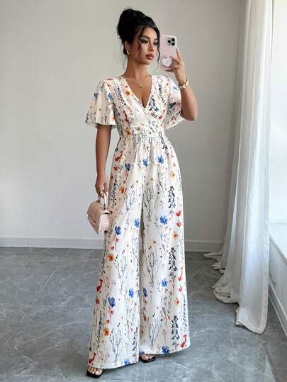 Elenzga Women's Elegant Floral Print V-Neck Waistband Short Sleeve Jumpsuit (Summer), Loose Leg, For Vacation, Music Festival, Casual Commuting And Daily Wear
