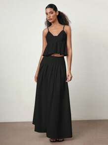 Maija 2025 秋季女士黑色优雅纯色褶皱 A 字裙，女士教师制服办公室休闲 - 黑色 - 查看 2