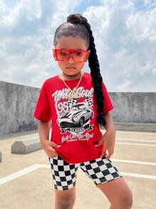 SHEIN Young Girl Casual Street Style Car Print T-Shirt & Checkerboard Leggings 2pcs Set Kids Streetwear - Red - View 3
