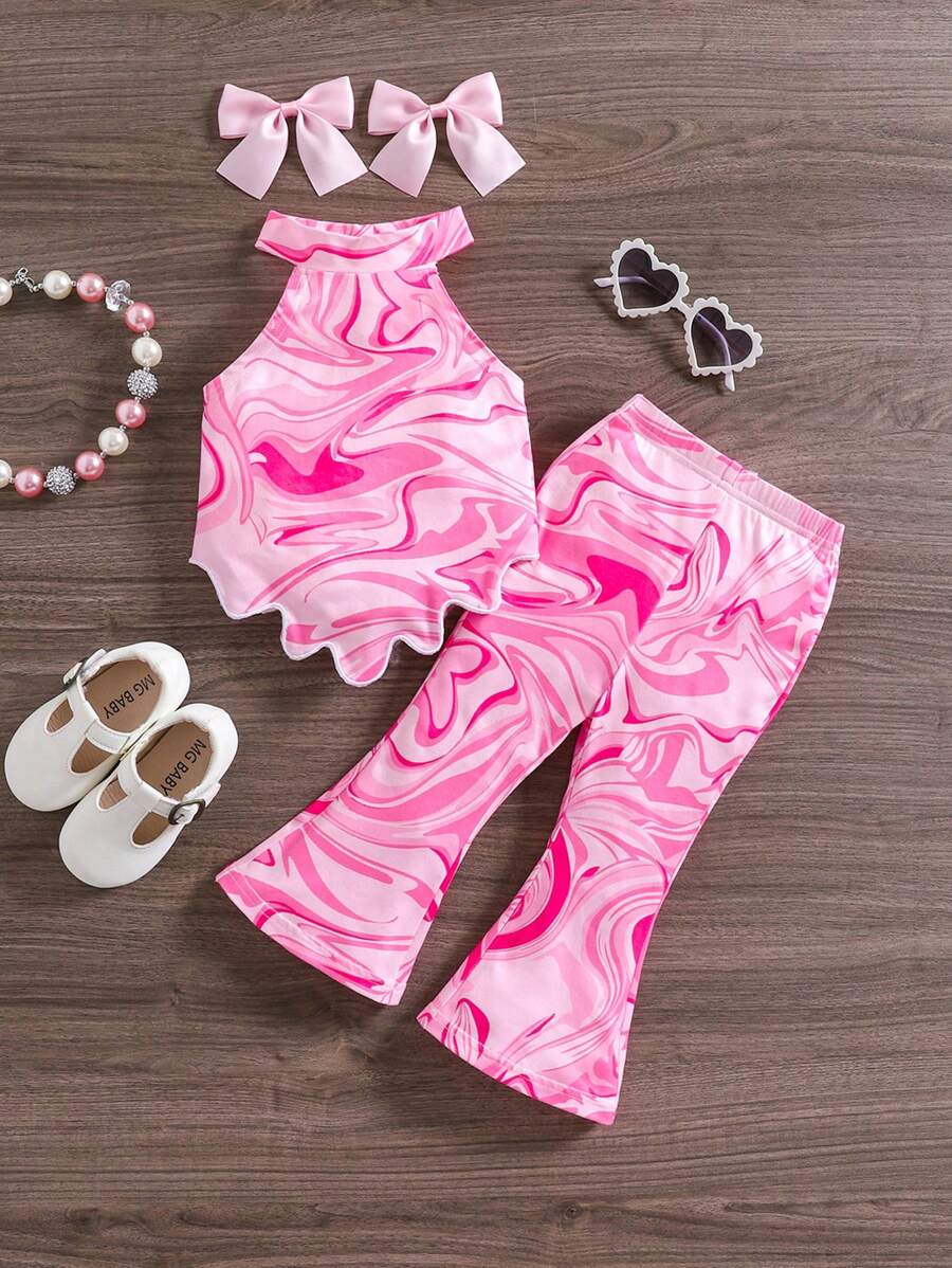 SHEIN LMoss Kids Baby Girl Summer Allover Print Asymmetrical Ruffle Hem Halter Top And Flare Pants Set