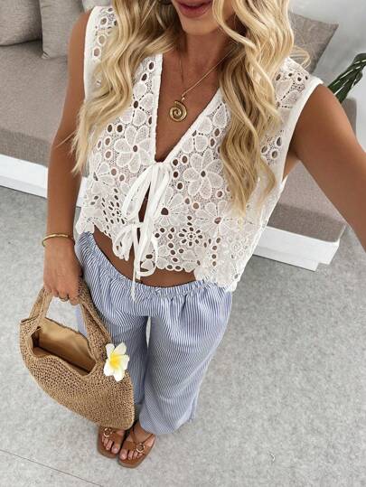 Breezaya Women's Lace Hollow Embroidered Sleeveless Elegant And Charming Tank Top