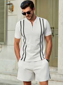 Manfinity VCAY Bộ áo thun polo tay ngắn bó sát có dây buộc trang trí bằng vải dệt kim gân 2 món dành cho nam - trắng - Xem 5