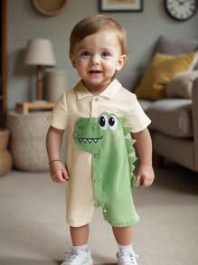 SHEIN Bộ đồ liền thân và quần short tay ngắn họa tiết khủng long hoạt hình, giản dị và đa năng cho bé trai và bé gái - Nhiều màu - Xem 8