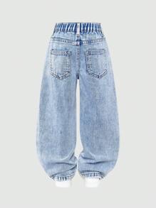 Young Girls White Floral Print Jeans, Fashionable & Classic Cut Combining Comfortable Denim Fabric, Versatile & Fun, Light Blue Washed Straight Leg Jeans - Light Wash - View 2