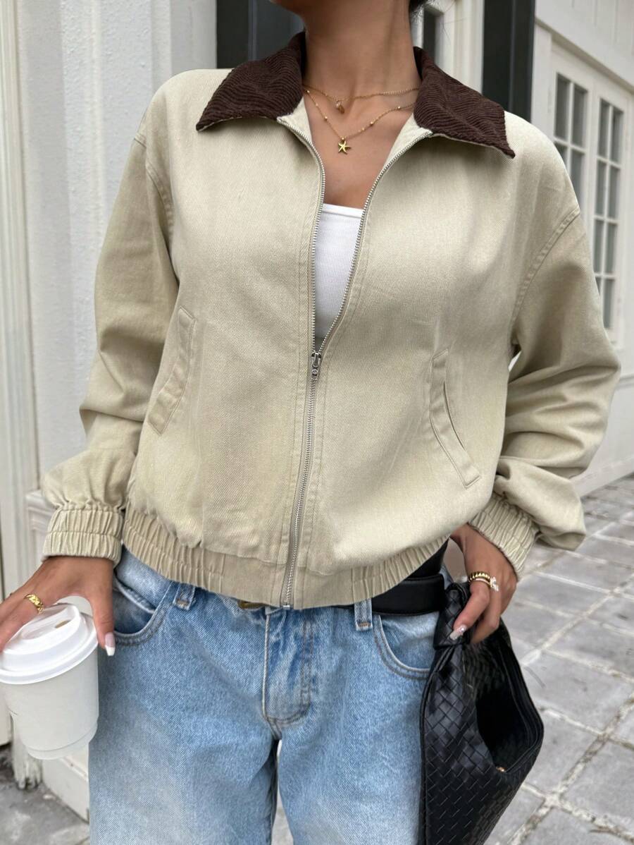 SHEIN EZwear Áo khoác dài tay trễ vai dệt màu cho nữ có khóa kéo phía trước - Màu Khaki - Xem 1