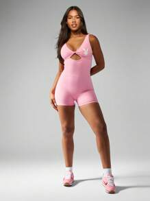Missguided x Playboy Performance Unitard Shorts Bodysuit Athletic Sports Training Dance Competition Workout Activewear Cross Front Keyhole Design - Pink - View 4