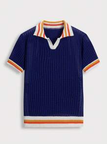 Chillumni 男士休闲撞色条纹短袖针织毛衣 针织平纹针织衫 男士针织衬衫 男士针织衬衫 针织衬衫 男士Polo衫 - 藍色 - 查看 1