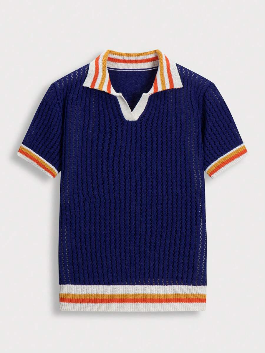 Chillumni 男士休闲撞色条纹短袖针织毛衣 针织平纹针织衫 男士针织衬衫 男士针织衬衫 针织衬衫 男士Polo衫 - 藍色 - 查看 1