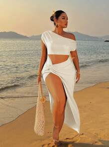 Sunnyshic 大码女式褶皱针织罗纹绿色性感扭纹紧身连衣裙 - 白色 - 查看 4