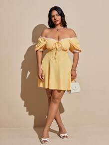 Viva Relle Plus Size Lace Trim Bow Decor Sexy Vacation Dress - Yellow - View 3