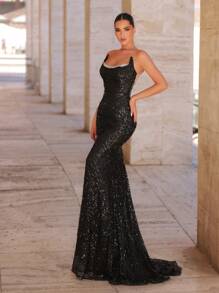 Glamrae 优雅浪漫的抹胸黑银弹力亮片刺绣前卫猫耳特殊形状领子鱼骨结构设计背部修身鱼尾礼服，适合晚宴、单身派对、约会、度假、返校季、毕业季、婚礼活动、重工业晚礼服（重工业风格）、正式、礼服、婚礼宾客、万圣节 - 黑與白 - 查看 5