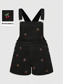 ROMWE Kawaii Plus Size Retro Cute Cherry All Over Print Embroidery Denim Romper, Summer - Black - View 1