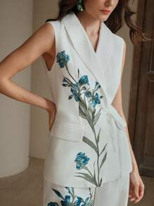 Anewsta Elegant Collar Ribbon Waist Fitted Sleeveless Women Jacket - White - View 2