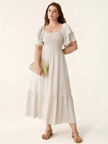 Comfylo Vestido de manga corta con cuello cuadrado, volantes y fruncidos en la Bottom, talla grande, unicolor, cómodo y holgado, estilo bohemio, ideal para el Día de la Madre, graduación, verano, vestido fluido blanco, atuendos de vacaciones y playa para mujer, atuendos de vacaciones, vestidos de sol para mujer - Albaricoque - Ver 5