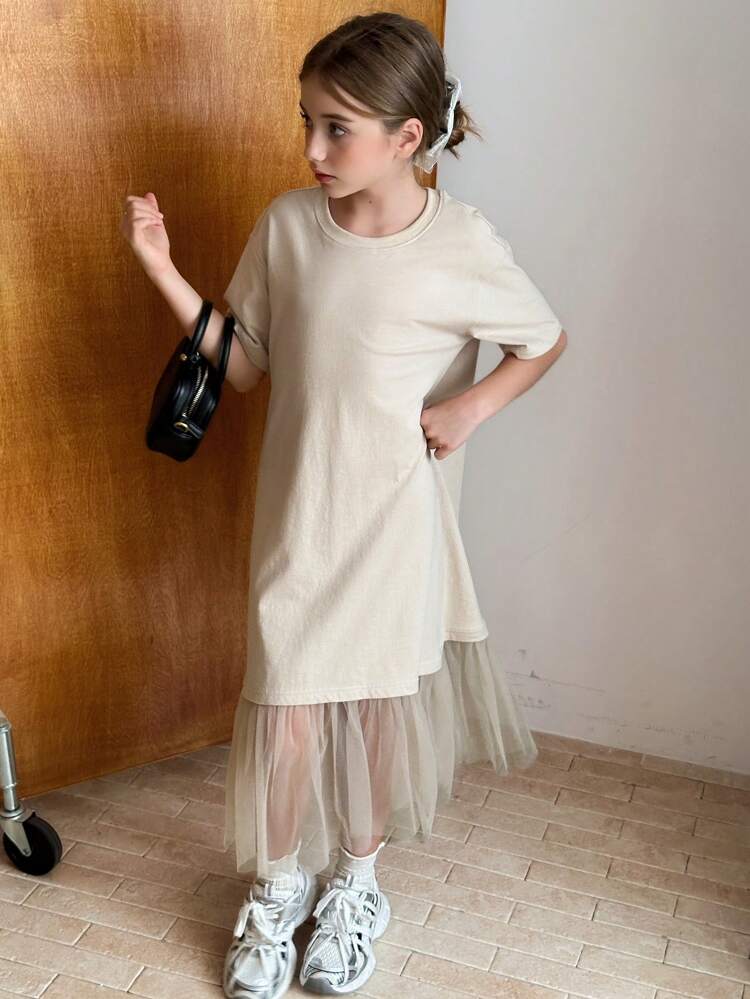 Tween Girl Crew Neck Knit Short Sleeve Mesh Patchwork Dress, Summer, Back To School Clothes