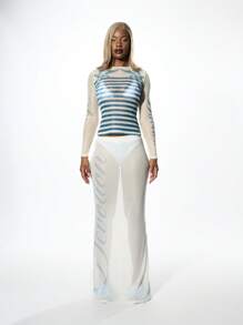 SUMWON WOMEN Áo thun lưới dài tay in họa tiết sọc thời trang dạo phố thường ngày - Màu be - Xem 3