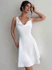 Firerie Damen Sommer Elegant Urlaub Strand Kurzes Kleid, Weißes Lässiges Pendelkleid mit Metall Deko Schulter A-Linie - Weiss - Übersicht 5