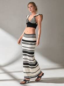 SHEIN Cottnline Women Top And Skirt Openwork Sweater Cover Up Set - Black and White - View 5