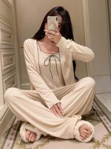 DAZY 3pcs/Set Wave Trim Decor Bowknot Camisole Top & Straight Hem Pants & Open Front Top Lounge Set, Cozy Outfits, Fall Winter Clothes - Beige - View 7