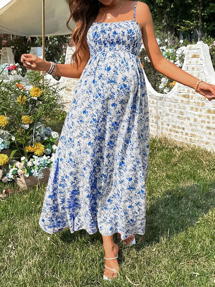 Vestido de maternidad casual sin mangas con estampado floral disperso - Azul y blanco - Añade 3