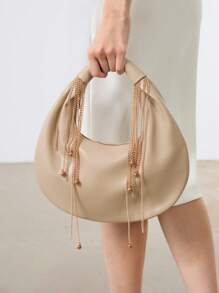 SHECARRY Women's Vintage Almond Crescent  Shoulder Bag With Metallic Fringe & Beaded Tassels, Elegant Shoulder Purse For Office Commute & Night Out - Apricot - View 1