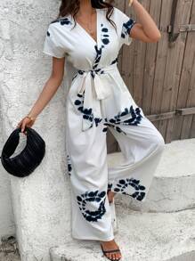 DAZY Women's Summer Tie-Dye Print Surplice Neck Belted Wide Leg Jumpsuit For Women Lounge Sets For Women - White - View 7